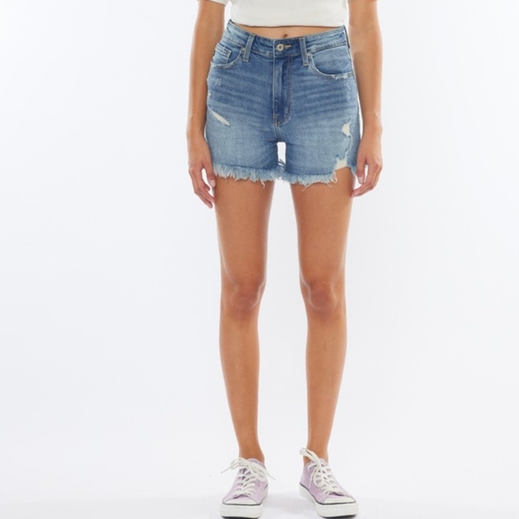 KanCan High Rise Waist Distressed Torn Denim Cut-off Frayed Hem Blue Jean Shorts - Picture 13 of 15